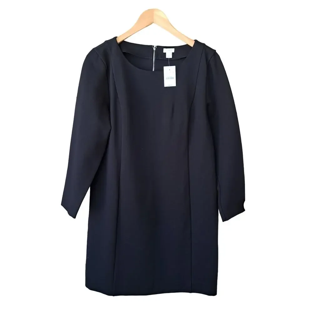 NEW J CREW Black Ponte Long Sleeve Mini Shift Dress Size Large